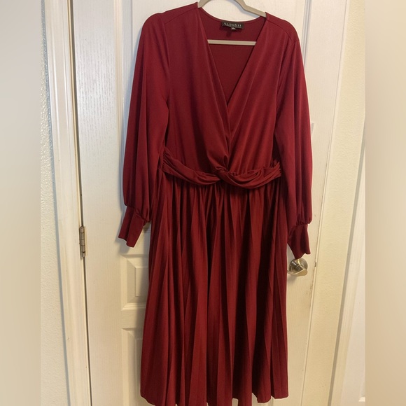 ELOQUII Burgundy Midi Dress V-Neck Long Sleeve Twist Waist Size 16 - Picture 2 of 11